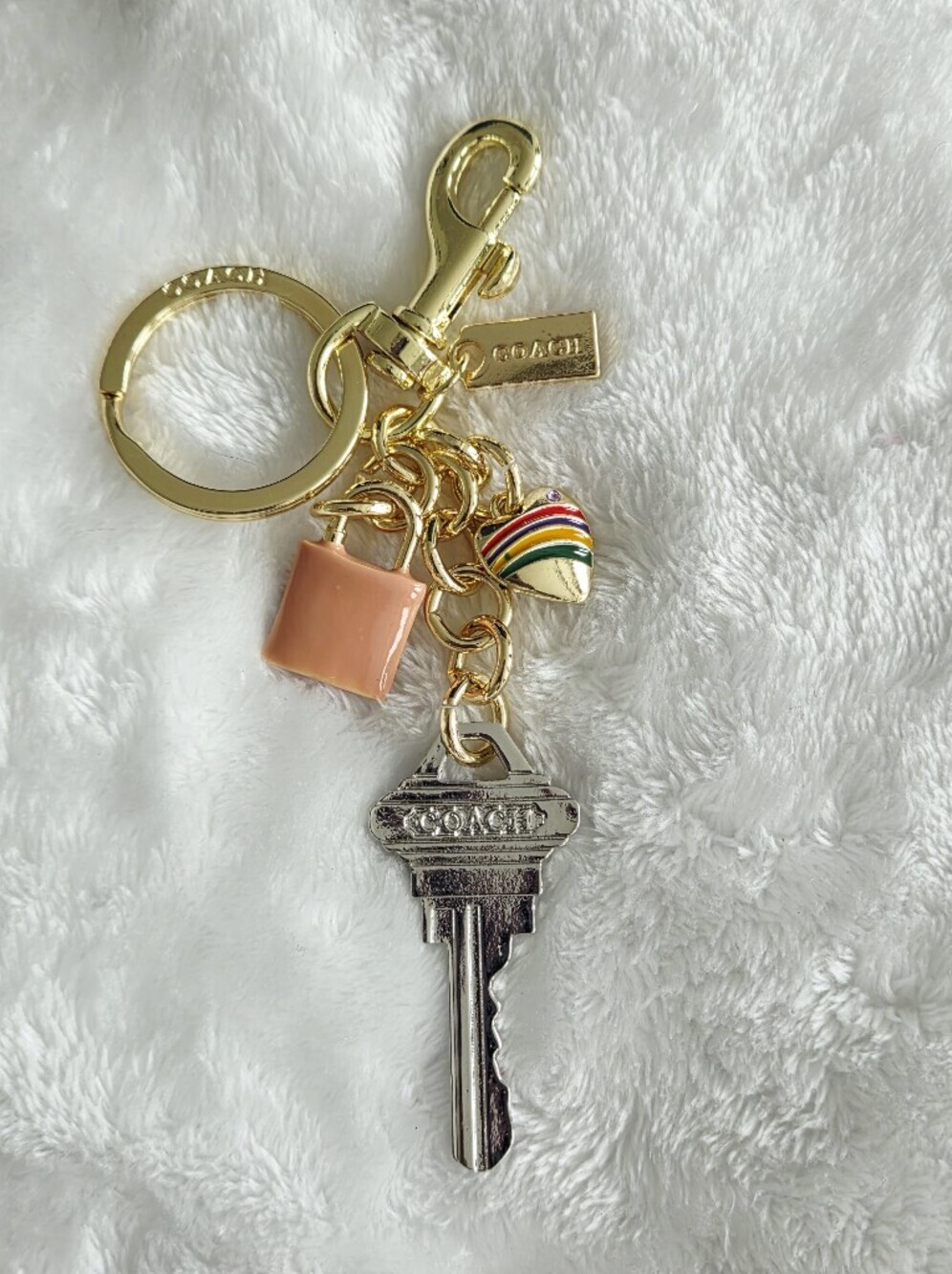 C Logo Gold-Tone Silver Key Keychain with Rainbow Heart and Pink Lock Accent - Picture 3 of 4